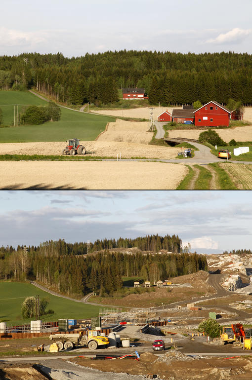 Landskapet er fotografert i 2012 og 2015, og viser E18 i Elvestad, Hobøl kommune i Østfold