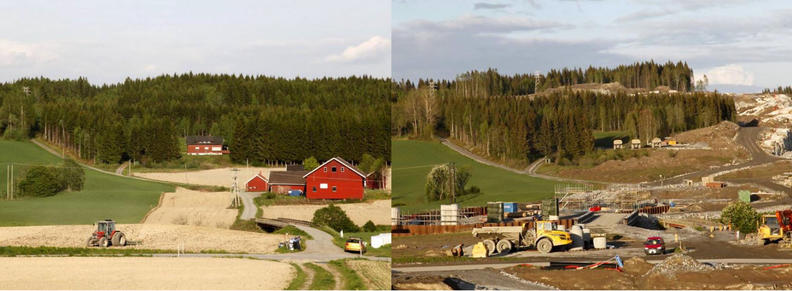 Landskapet er fotografert i 2012 og 2015, og viser E18 i Elvestad, Hobøl kommune i Østfold